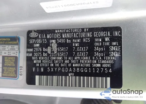 2016 Kia Sorento 2.4L Lx из США, поврежденный, VIN 5XYPGDA38GG112754